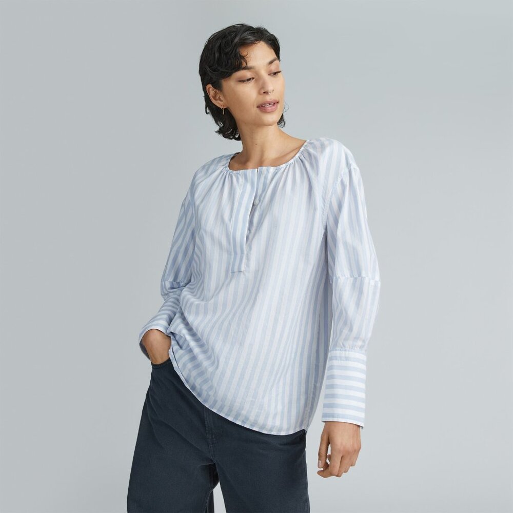 NWOT Everlane The Silky Cotton Balloon Sleeve Top Blue / White - Size 8